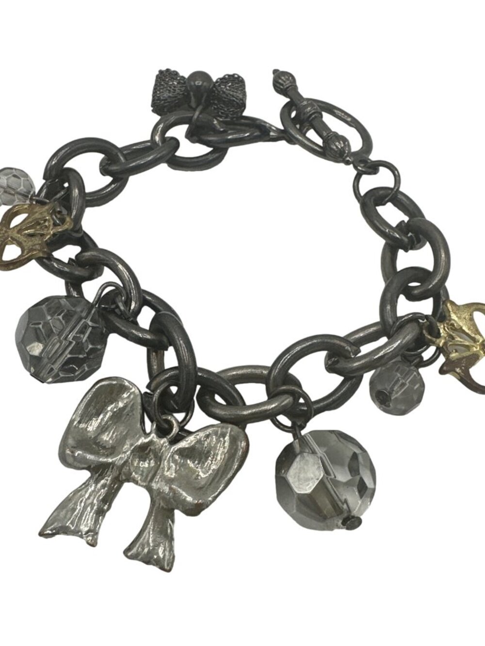Charm Bracelet Chunky Chain Bows Beads Costume Fashion Jewelry Toggle Close